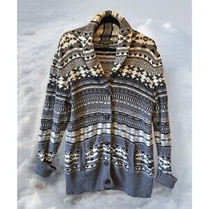 Eddie Bauer Womens Fair Isle Wool Blend Cardigan‎ Sweater L Shawl Collar Buttons